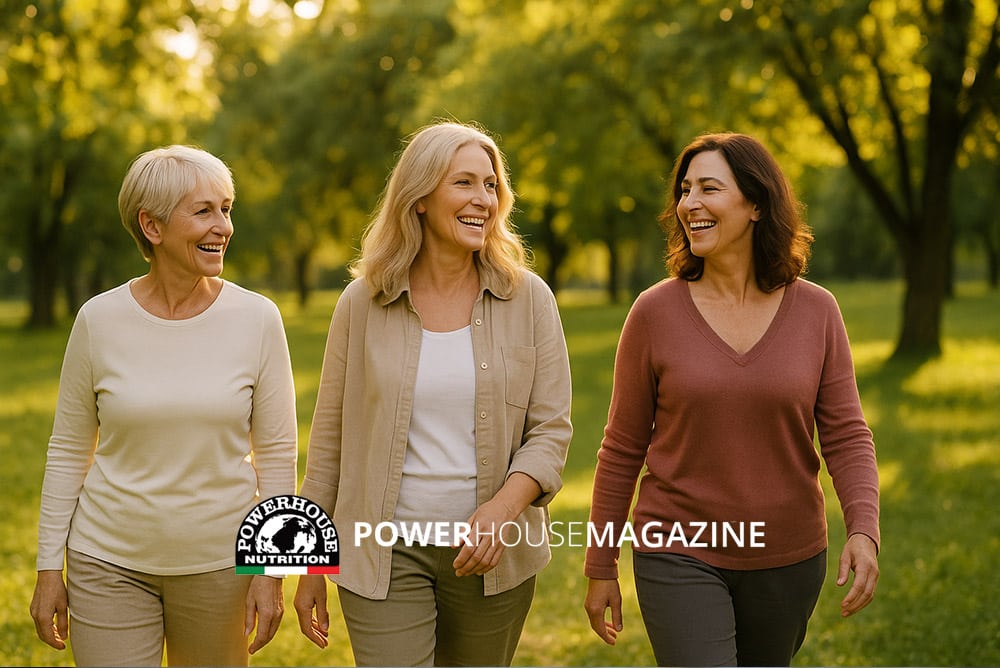 Gruppo di donne di mezza età che passeggiano sorridenti in un parco soleggiato, simbolo di energia e benessere in menopausa grazie alle vitamine e ai minerali.”