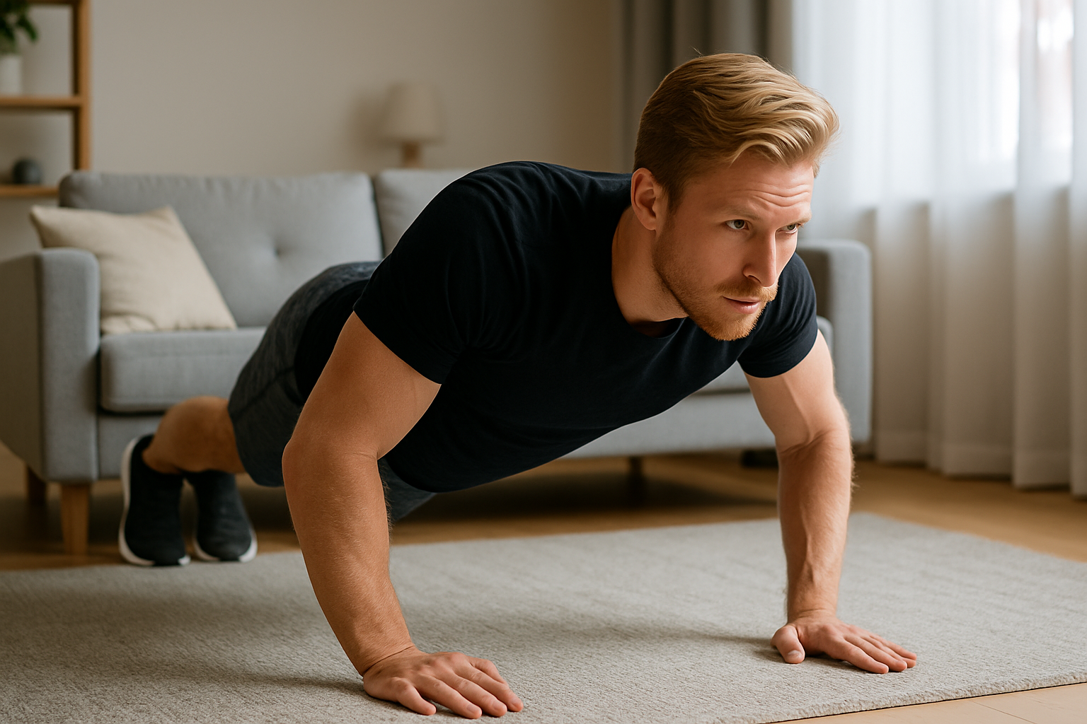 Uomo biondo in forma che esegue un push-up in salotto durante un allenamento total body a casa senza attrezzi