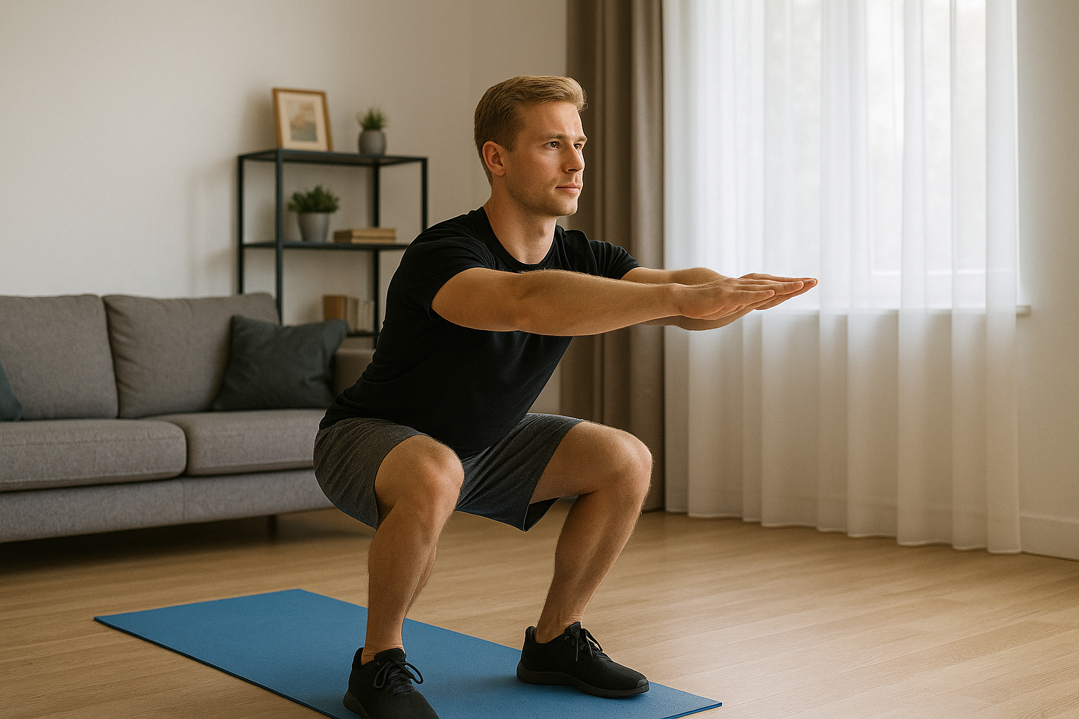 Uomo biondo in forma che esegue uno squat in salotto durante un allenamento total body a casa senza attrezzi