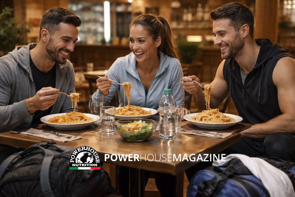 Persone in tuta sportiva mangiano un piatto di pasta al ristorante dopo l’allenamento serale, con borse della palestra accanto al tavolo, in un contesto conviviale.