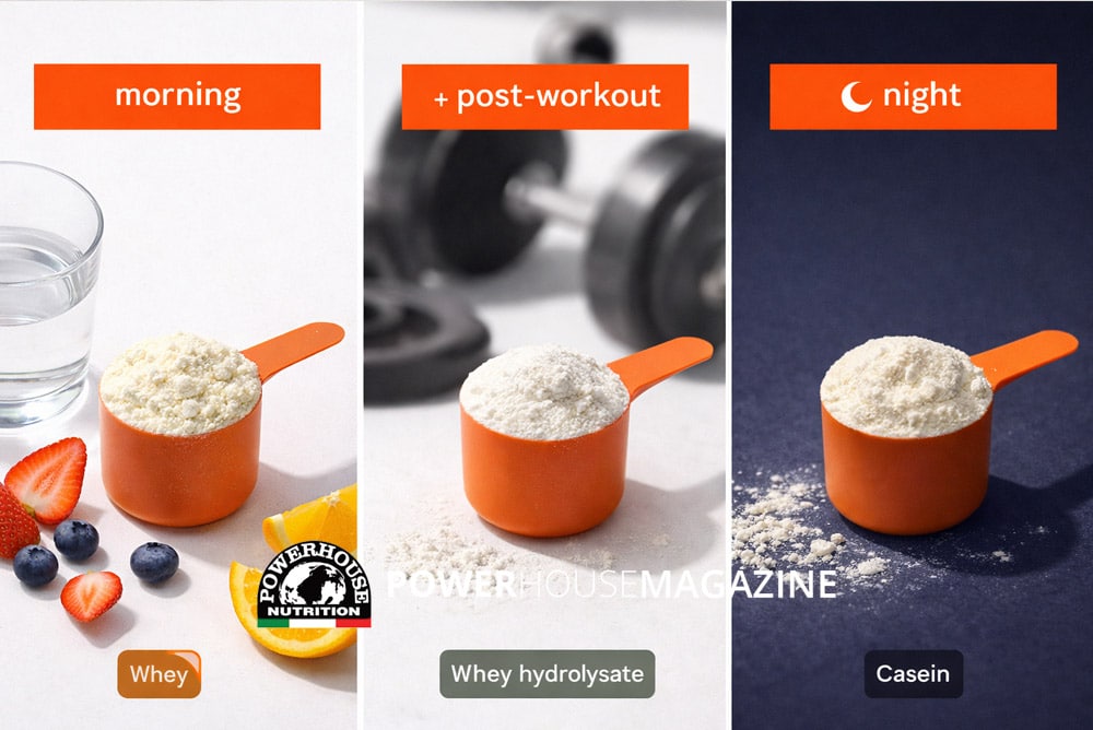 Tre misurini arancioni di proteine in polvere con il timing ottimale: whey al mattino con frutta fresca, whey idrolizzato nel post-allenamento con manubrio sullo sfondo, caseina di notte su sfondo scuro.