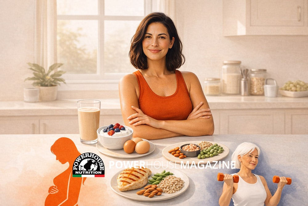 Donna in cucina con alimenti proteici — yogurt greco, uova, pollo, legumi e shake — affiancata da silhouette di donna in gravidanza e donna over 50 con manubri: guida alle proteine per le donne in ogni fase della vita.