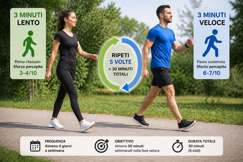 Schema della camminata a intervalli giapponese con alternanza 3 minuti lento e 3 minuti veloce