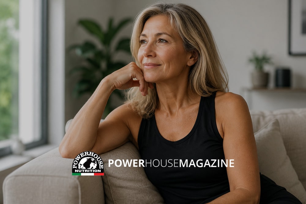 Donna over 50 in forma e serena, abbigliamento sportivo, seduta sul divano — immagine rappresentativa del benessere femminile in menopausa