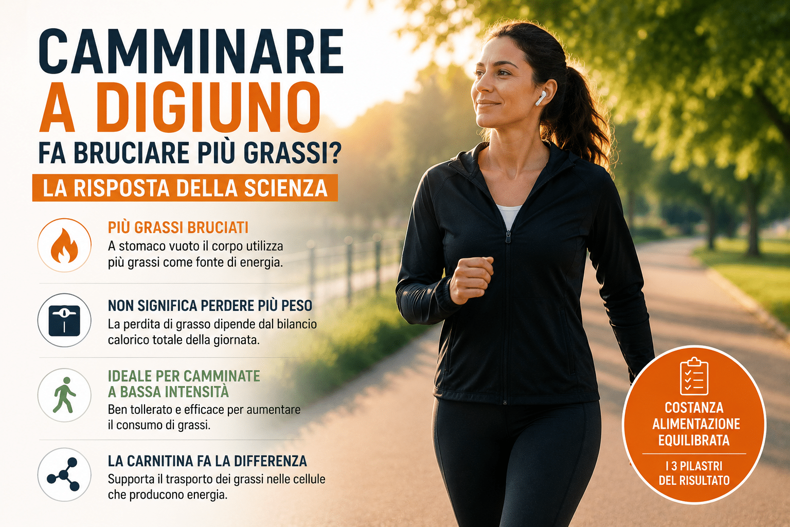 Donna che cammina a digiuno al mattino in un parco per favorire il consumo di grassi durante l’attività aerobica leggera.