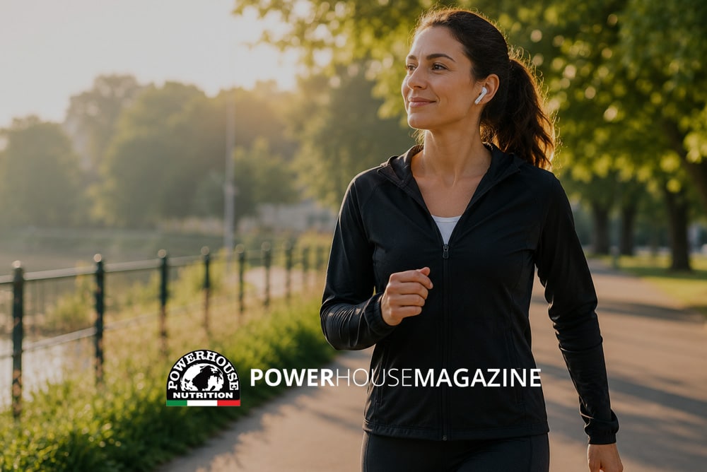 Donna in abbigliamento sportivo che cammina al mattino presto in un parco con luce dorata - camminata a digiuno per bruciare grassi